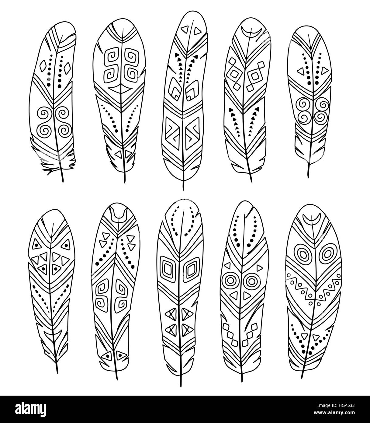 Hand drawn ethnic feathers set isolated on white background collection of tribal elements template for coloring book stock vector image art