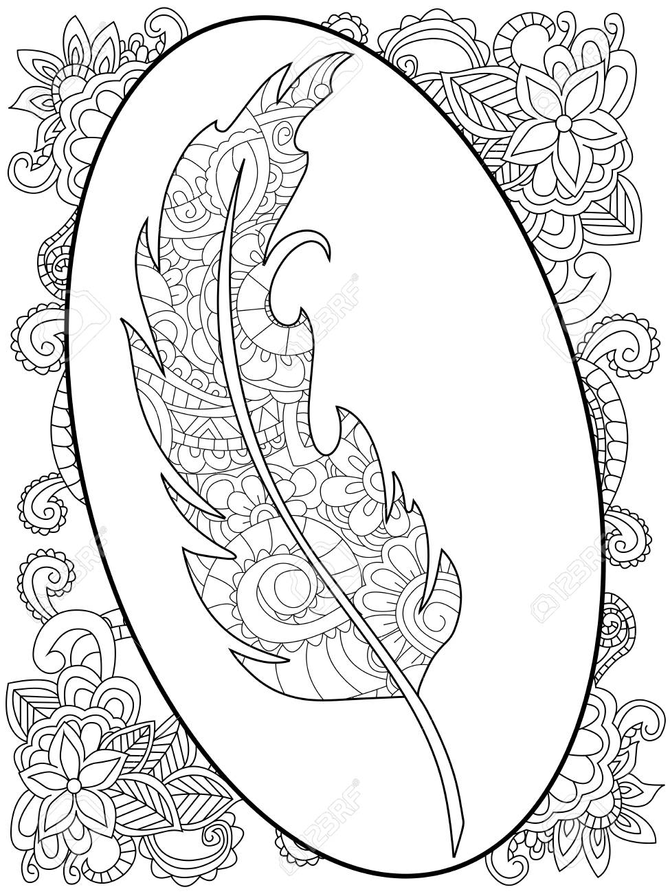 Feather in the frame around the abstract patterns coloring book for adults raster illustration anti