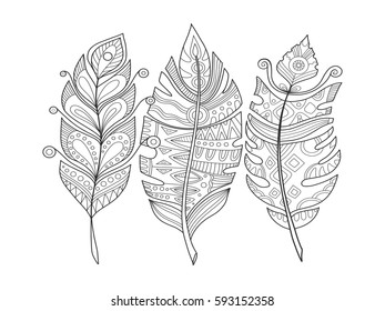 Feathers coloring book raster illustration tattoo stock illustration