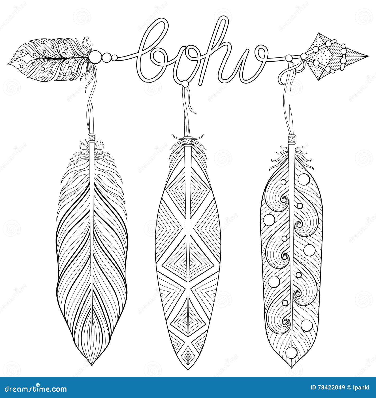 Bohemian arrow hand drawn amulet wih word boho and feathers for stock vector