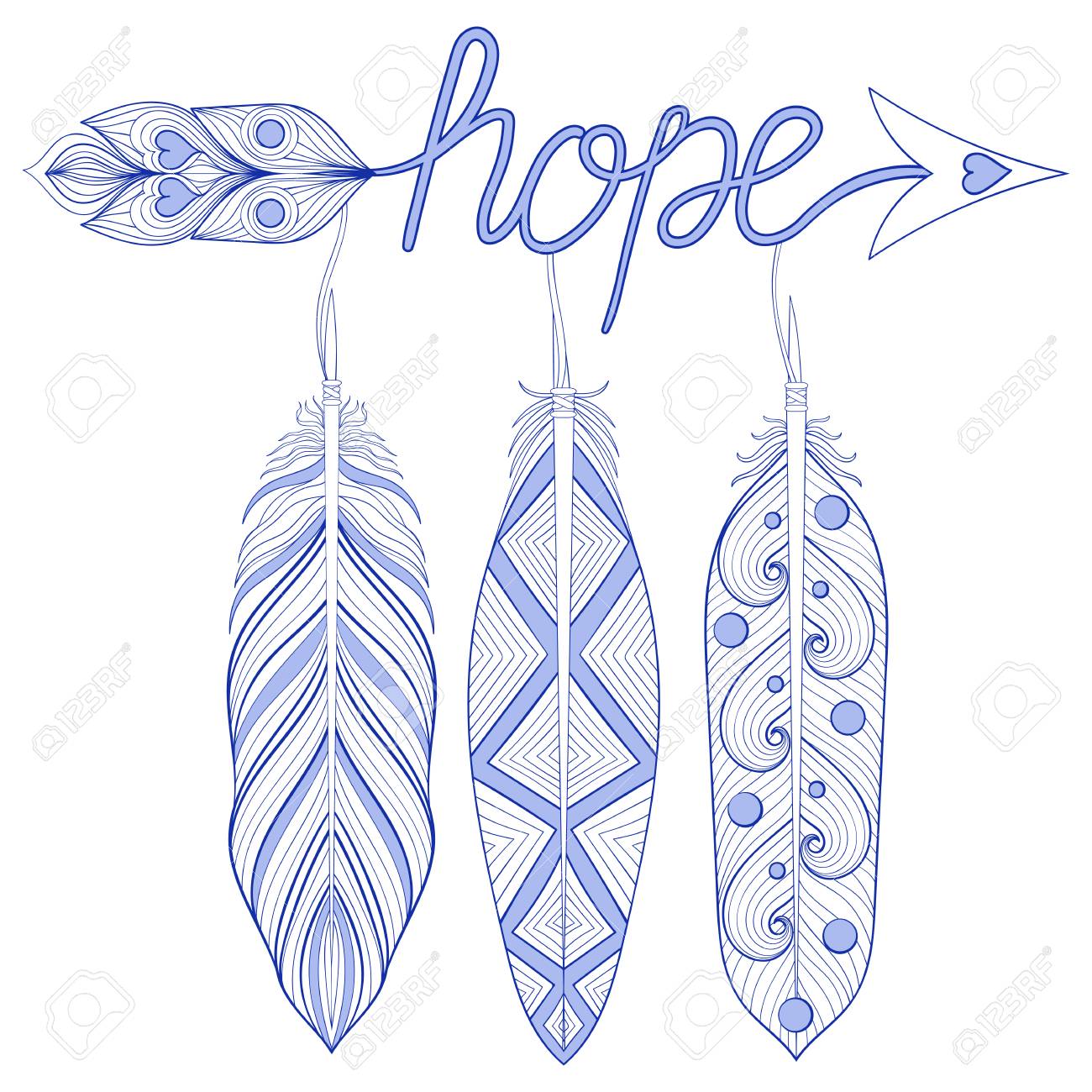 Blue bohemian arrow hope amulet with henna feathers decorative arrows for adult coloring pages art therapy ethnic patterned t