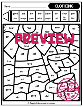 Color by primer sight word worksheet february sheets clothing coloring pages