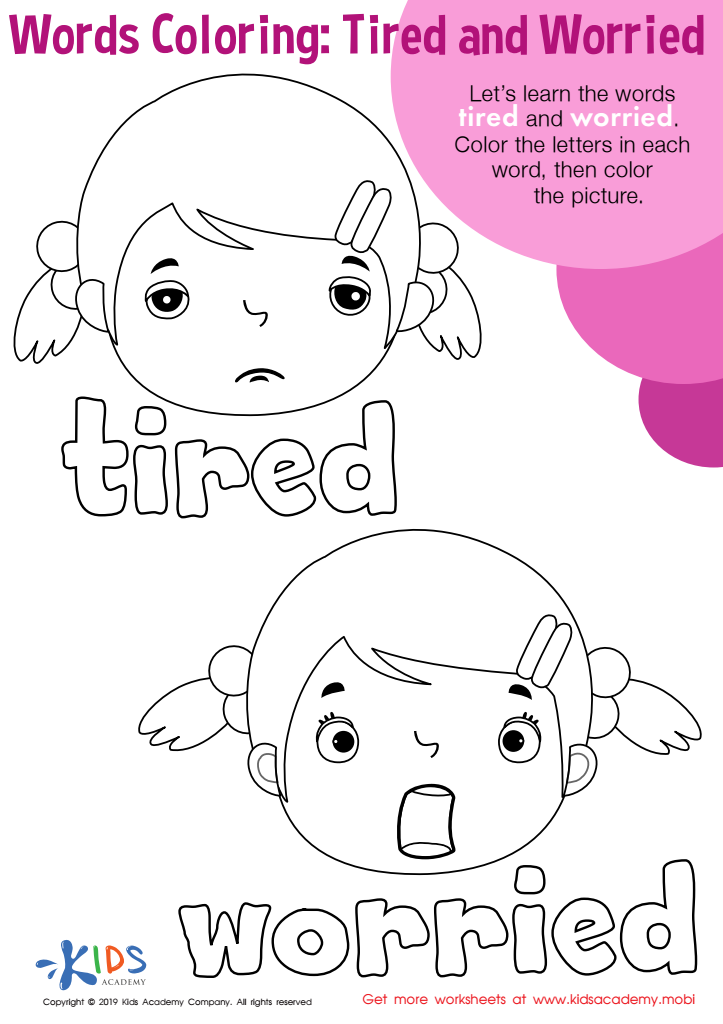 Tired and worried words coloring worksheet free coloring page printout for kids
