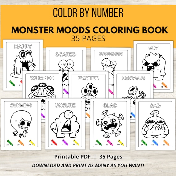 Emotions coloring book monster moods coloring pages kids mental health kids feelings kids emotions printable color by number sheets