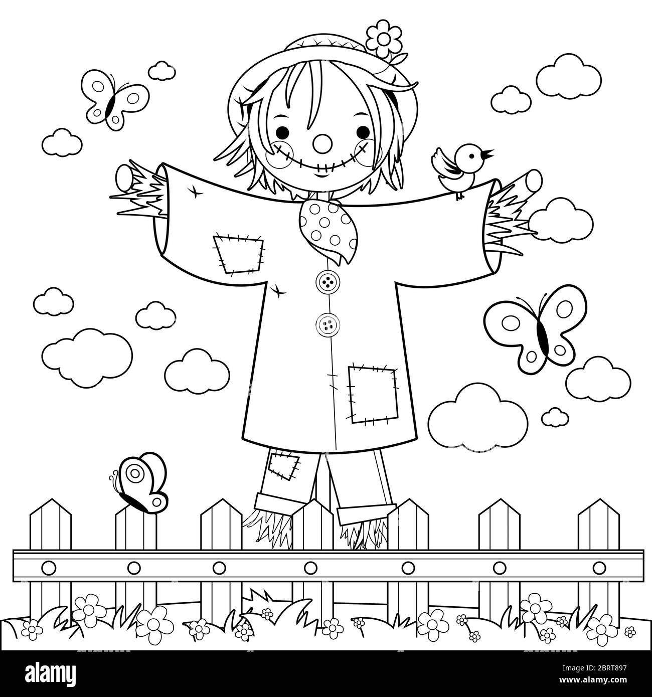 Scarecrow in the field behind a wooden fence black and white coloring page stock photo