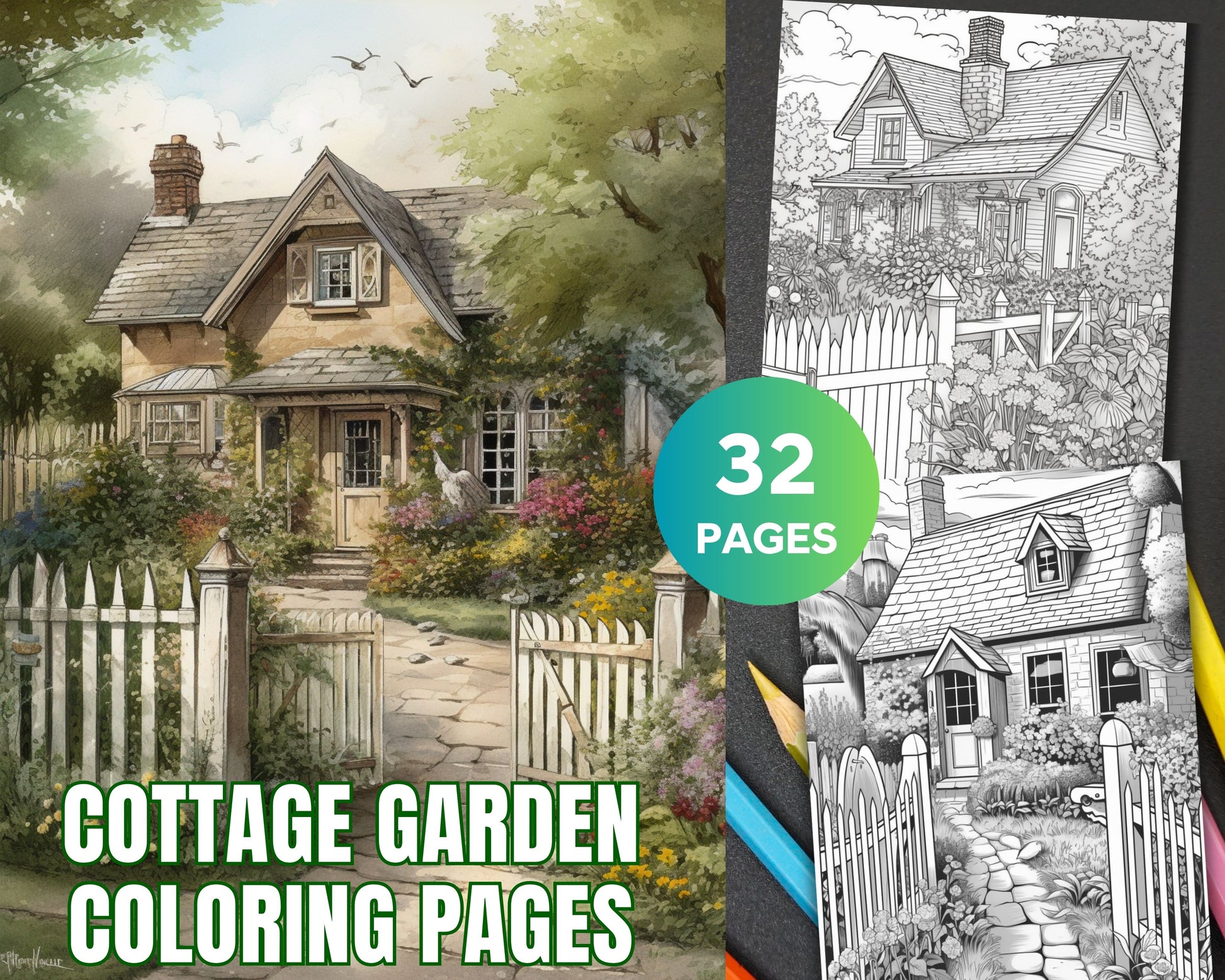 Printable cottage house garden coloring pages for adults grayscale â coloring