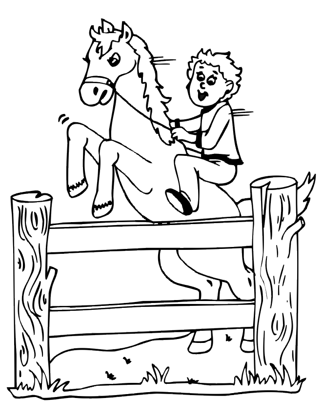 Horse coloring page boy on horse jumping fence