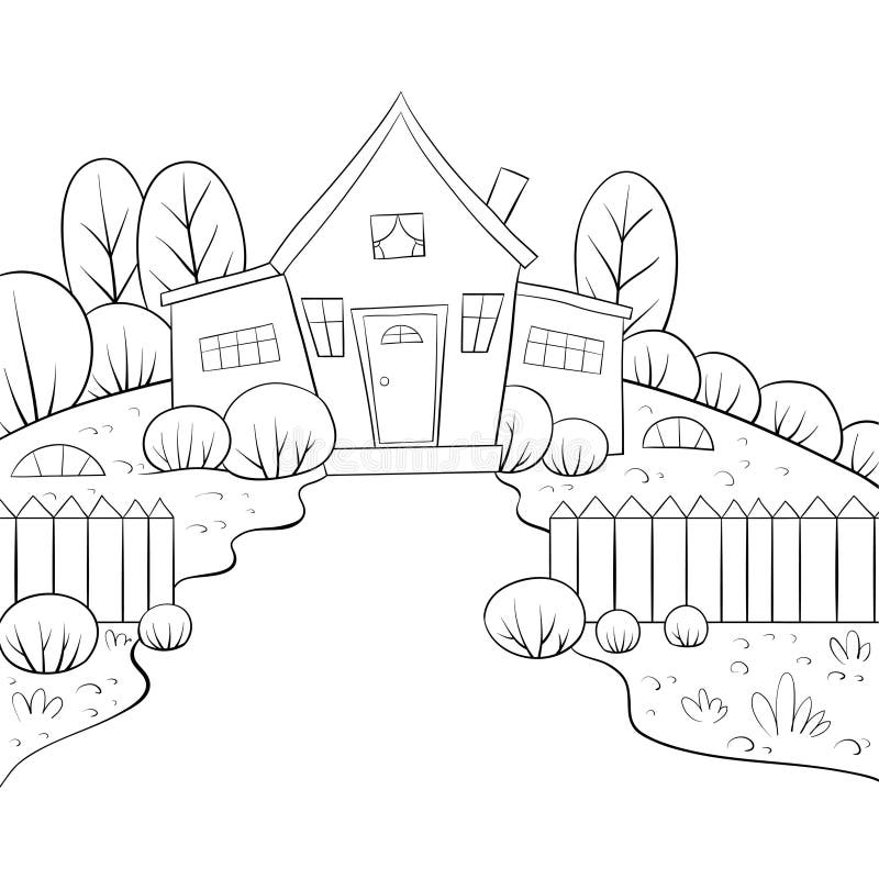 A coloring bookpage for adults and children a nature landscape with a house and fence image for relaxingline art style stock vector