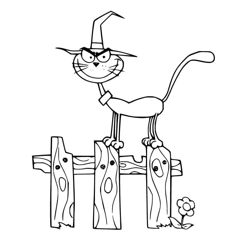Halloween cat on fence coloring page