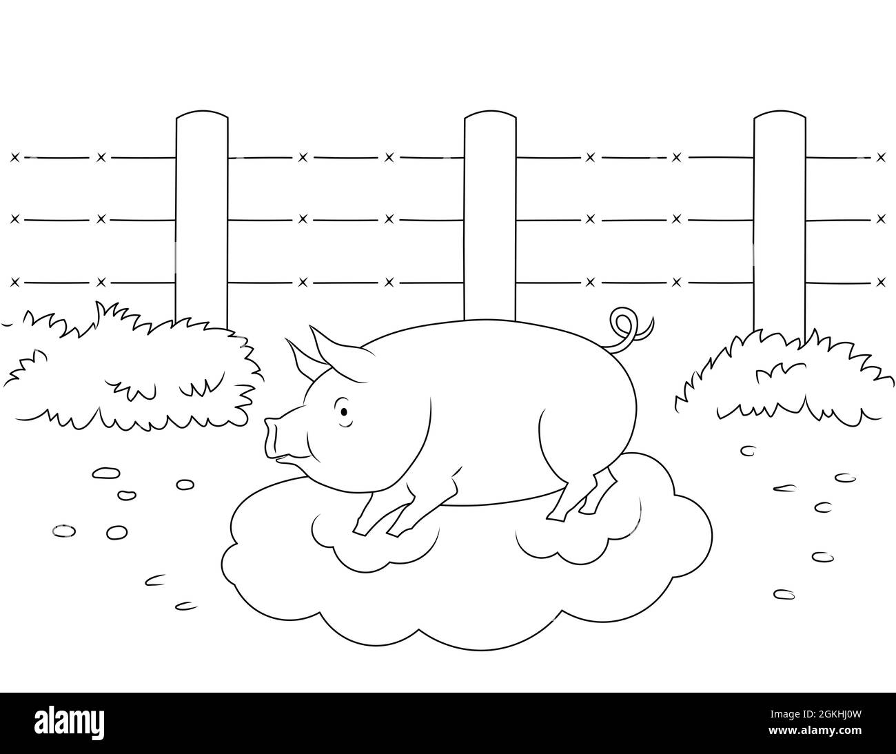 Outline black and white drawing of a pig in mud fence and grass farm animal coloring page for kids you can print it on x inch paper stock photo