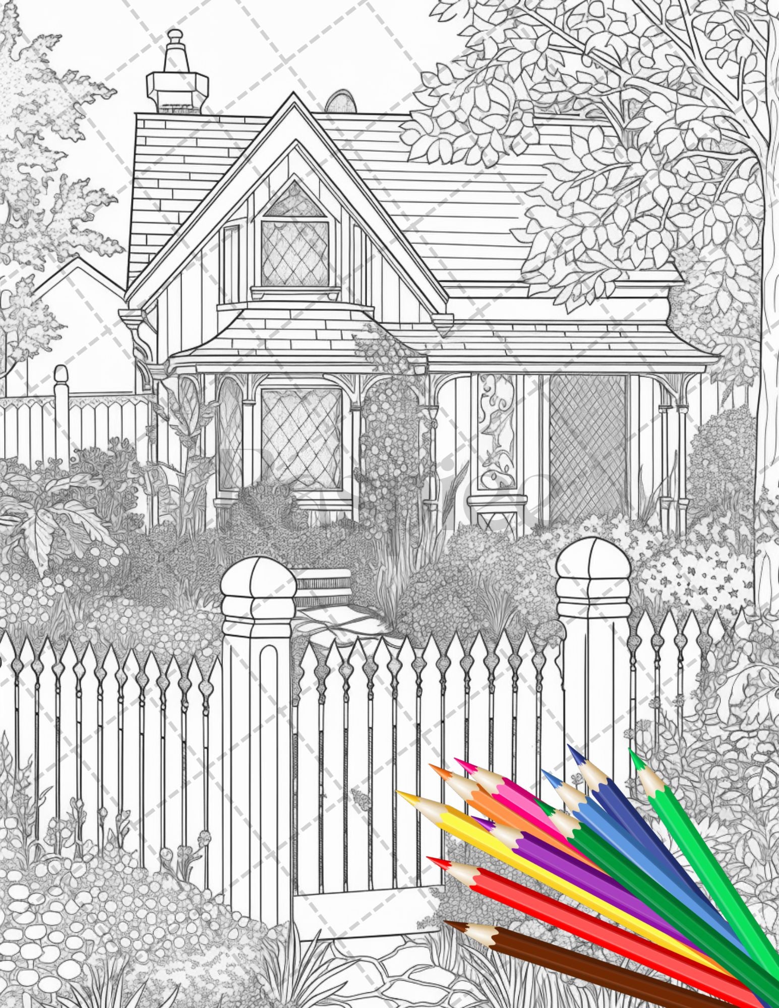 Printable cottage house garden coloring pages for adults grayscale â coloring
