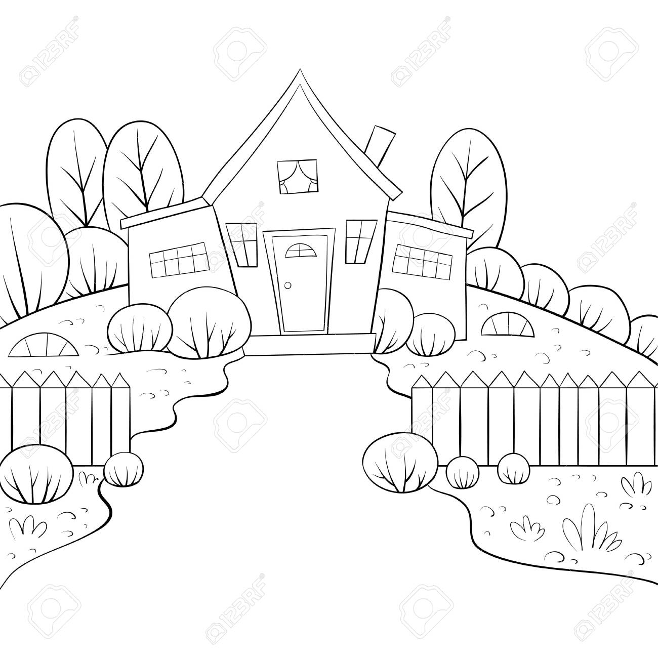A nature landscape with house and fence image for relaxing activitya coloring bookpage for adults and childrenblack and white image for printposter design royalty free svg cliparts vectors and stock illustration image