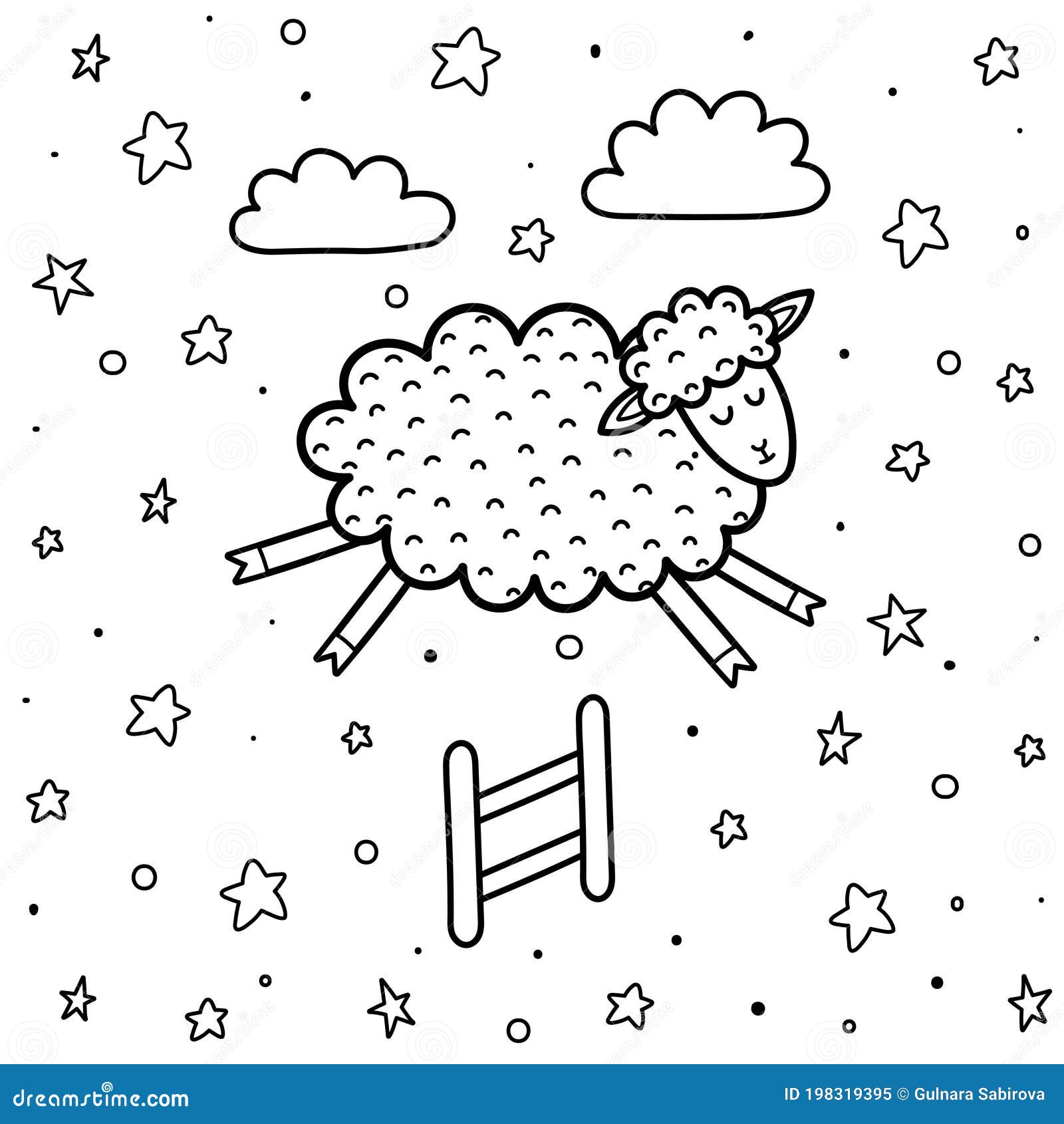 Coloring page for kids with a cute sheep jumping over the fence counting sheep black and white background stock vector