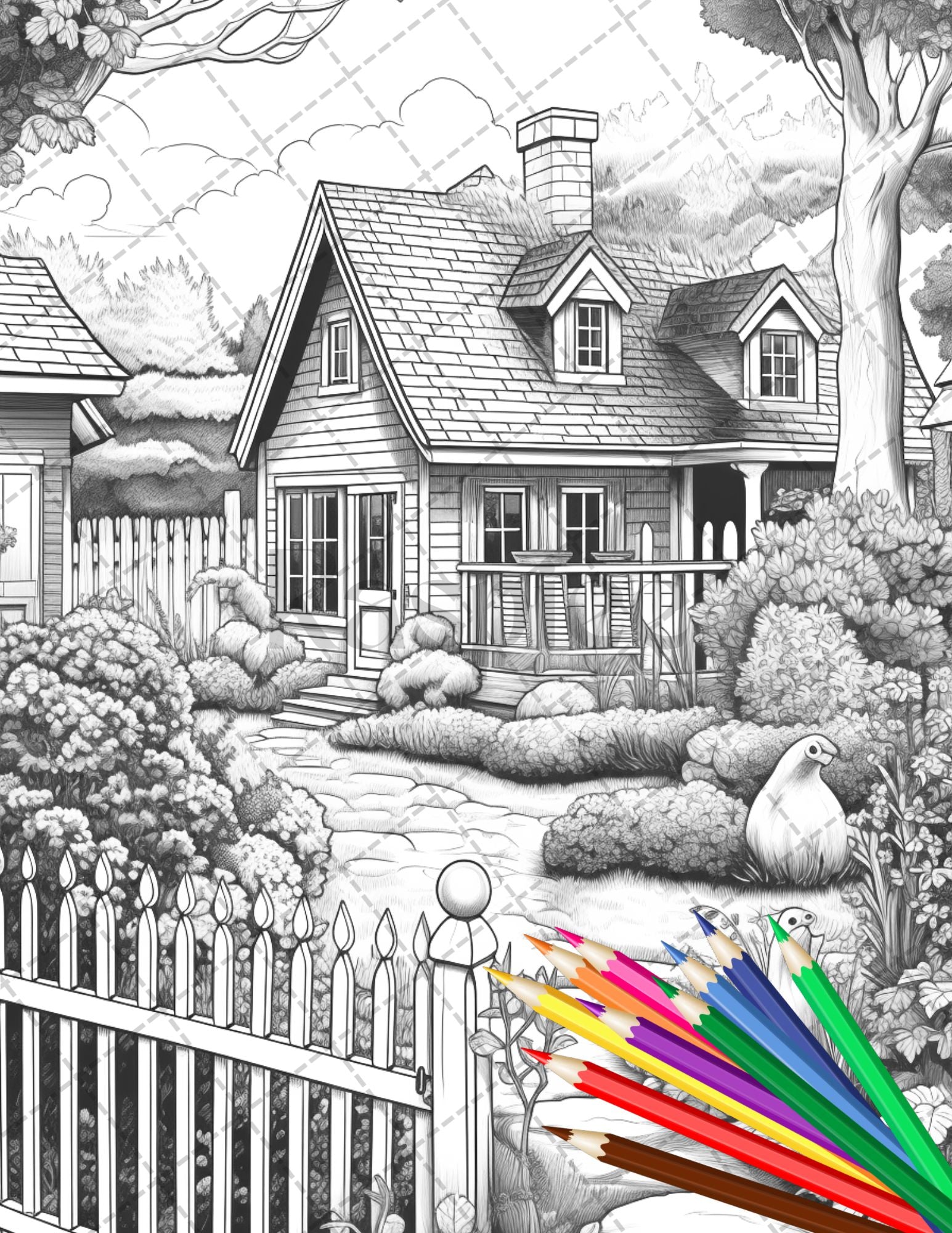 Printable cottage house garden coloring pages for adults grayscale â coloring