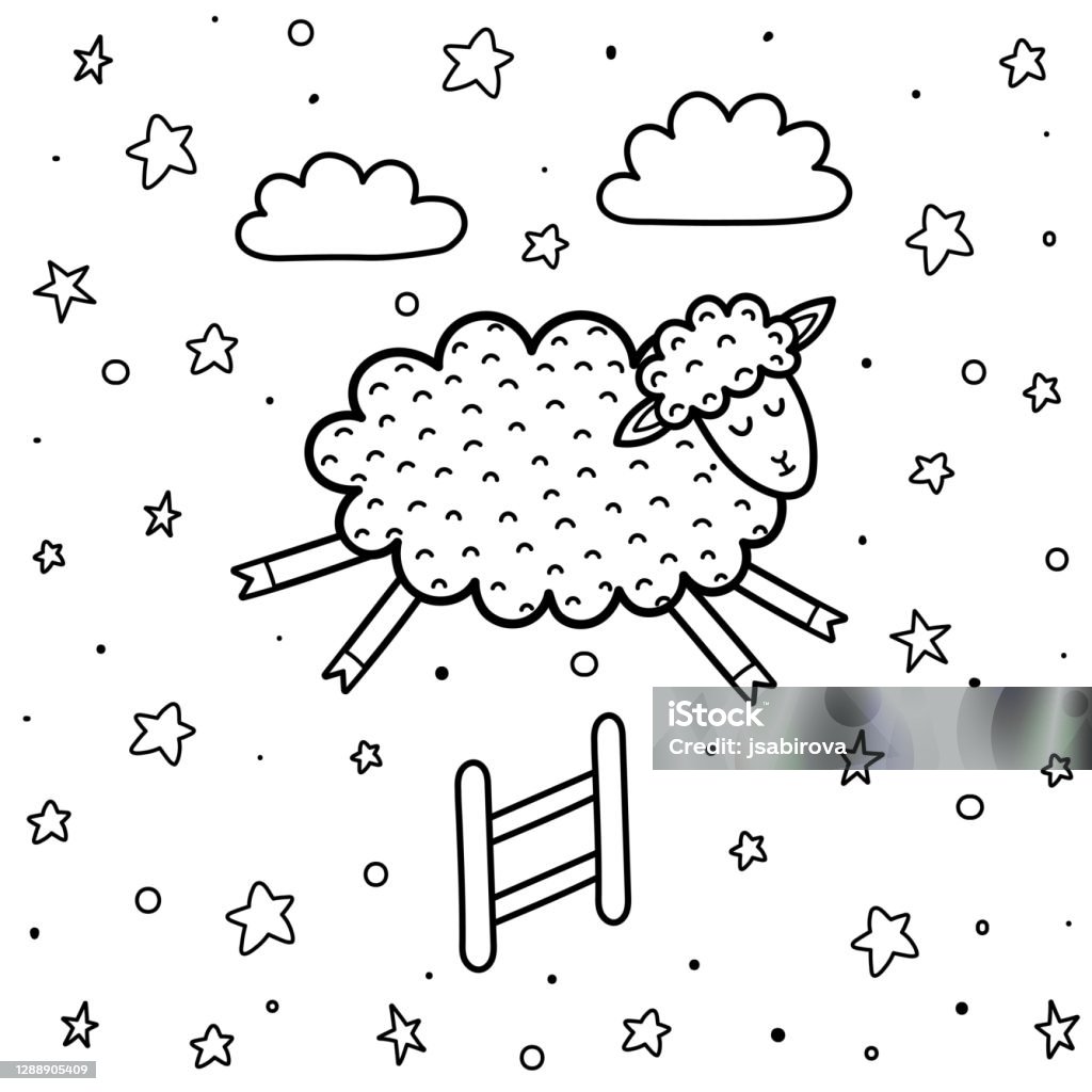Coloring page for kids with a cute sheep jumping over the fence counting sheep black and white background stock illustration