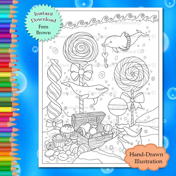 Coloring page animals line art dessert food printable download dolphin candy by fern brown hand