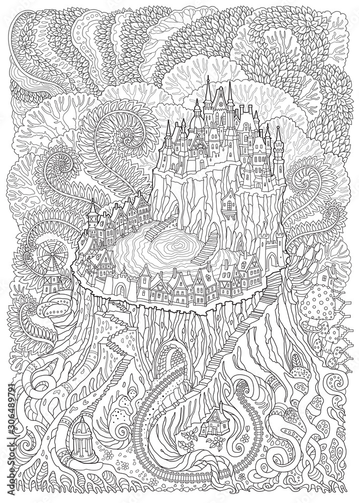 Vector fantasy landscape fairy tale medieval castle on a fantastic tree stump stylized fern foliage mushrooms t