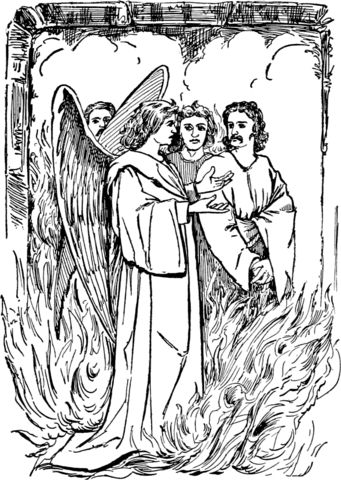 The angel with the three hebrews in the fiery furnace coloring page free printable coloring pages