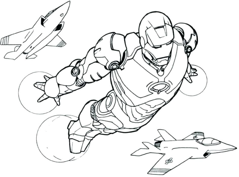 Iron man and fighter jet coloring page