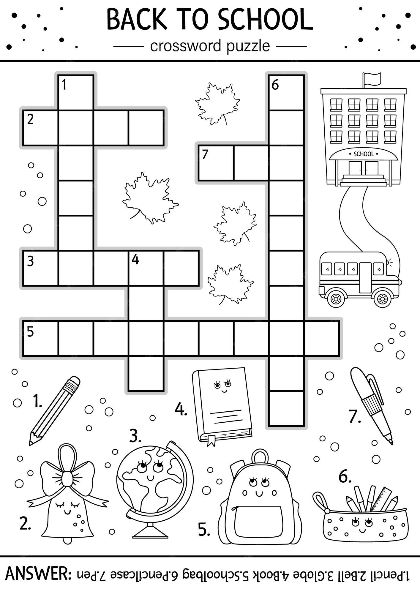 Premium vector vector black and white back to school crossword puzzle for kids simple line quiz with school objects for children educational autumn activity or coloring page with cute funny kawaii