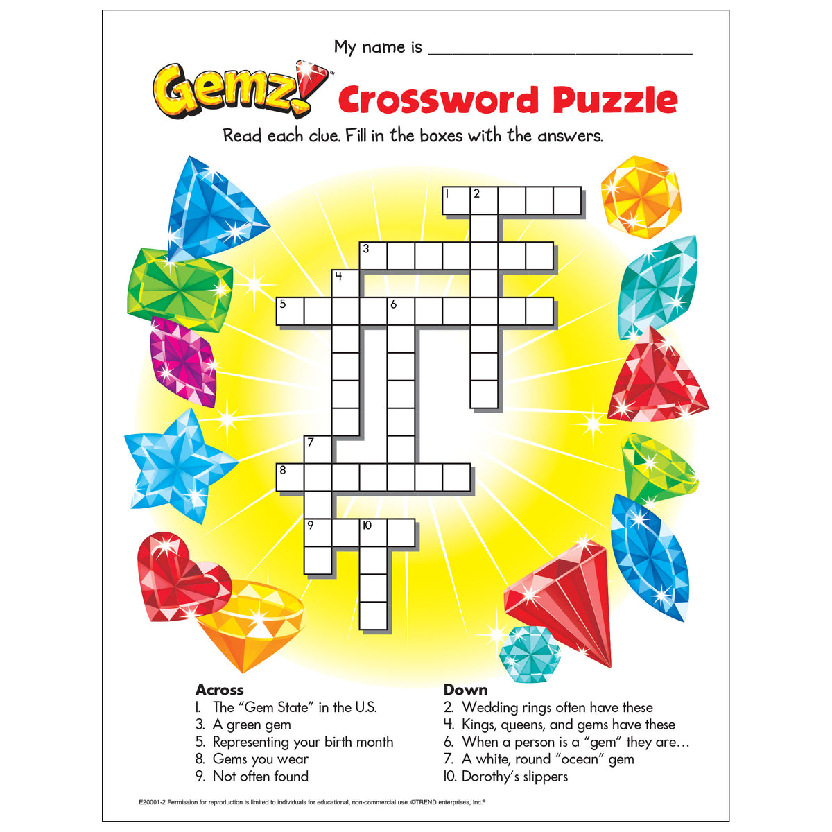 Free printable gemz crossword puzzle â trend enterprises inc