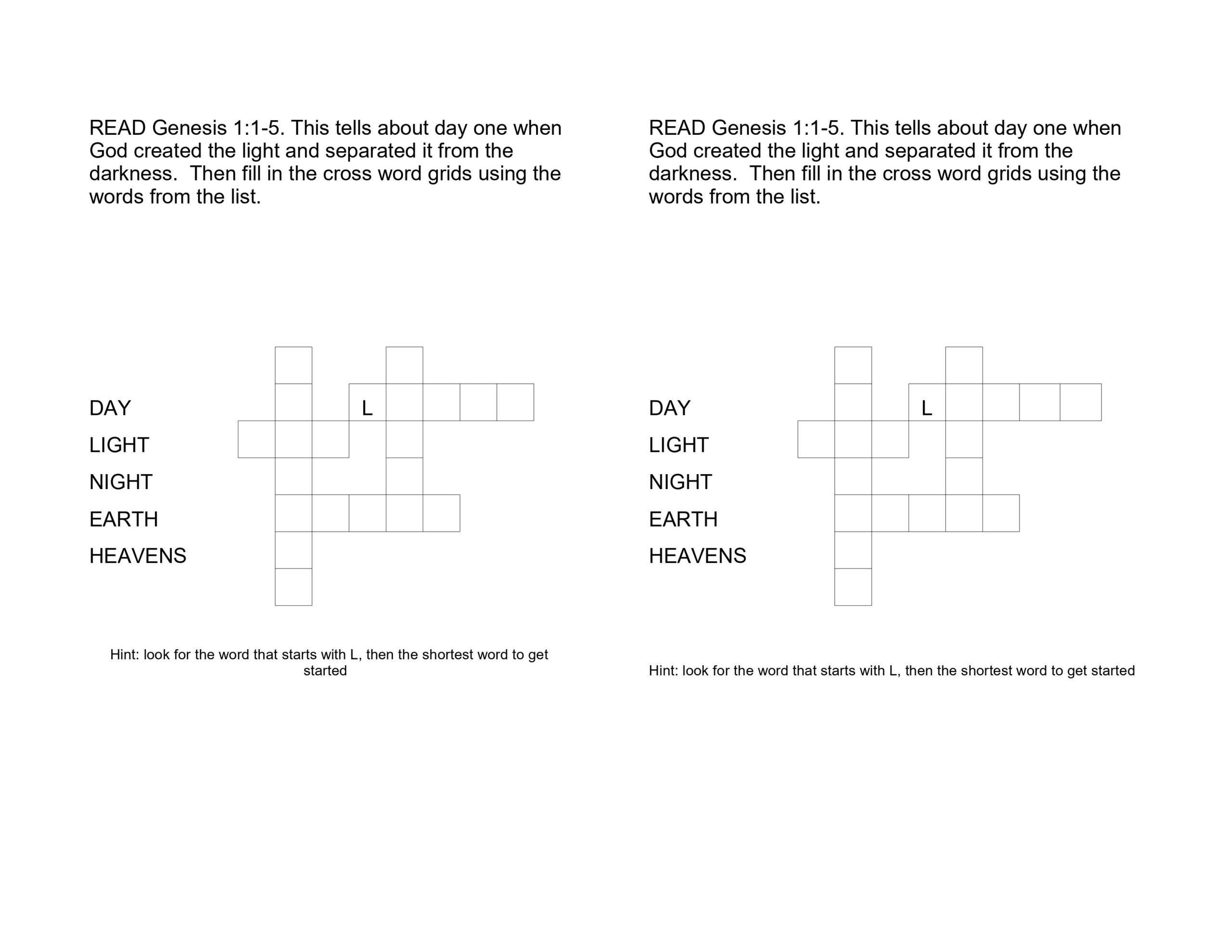 Simple crossword activity sheets about the creation story