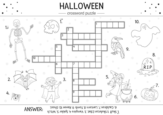 Premium vector vector black and white halloween crossword puzzle for kids simple quiz or coloring page