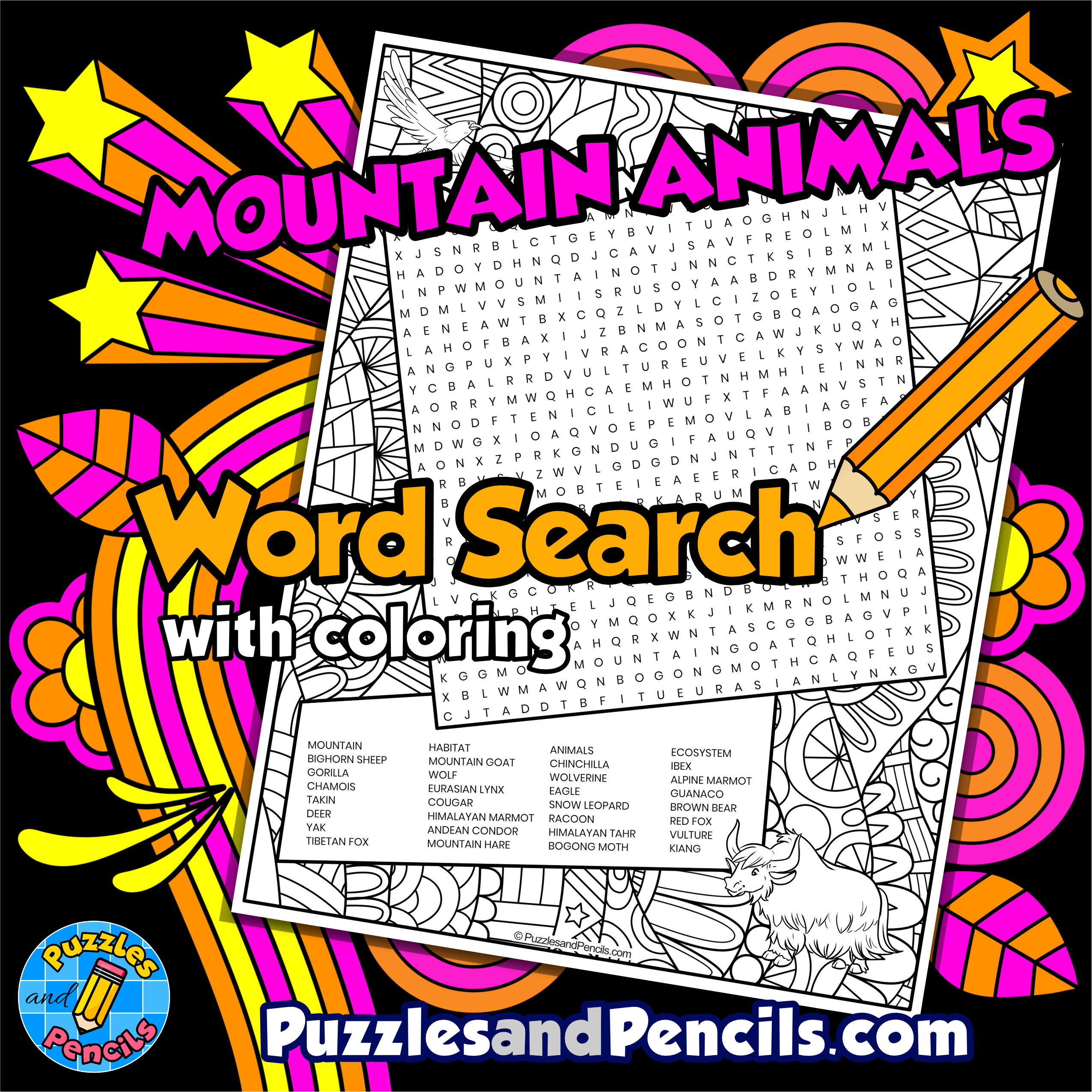 Mountain animals word search puzzle with coloring mountain habitat wordsearch made by teachers