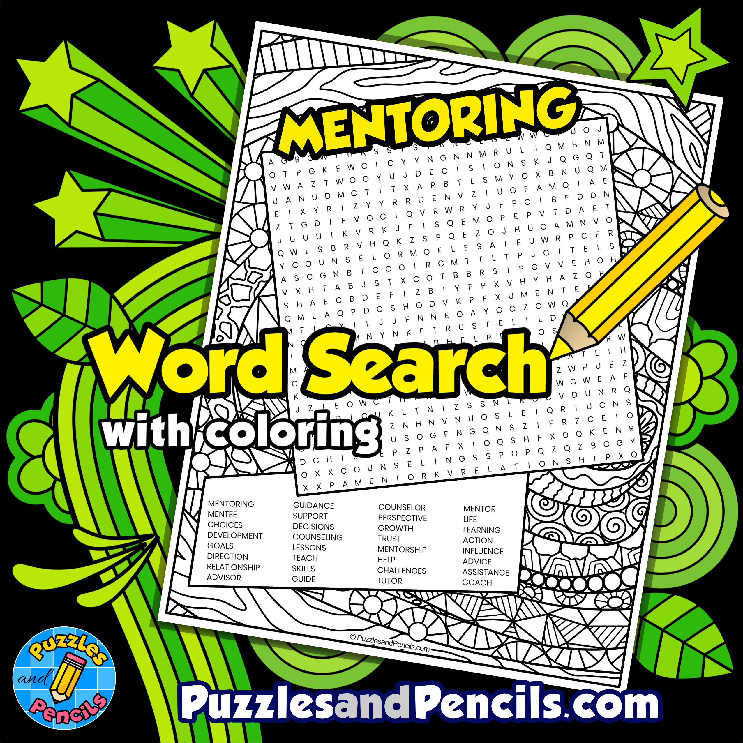 Mentoring word search puzzle activity page with coloring made by teachers