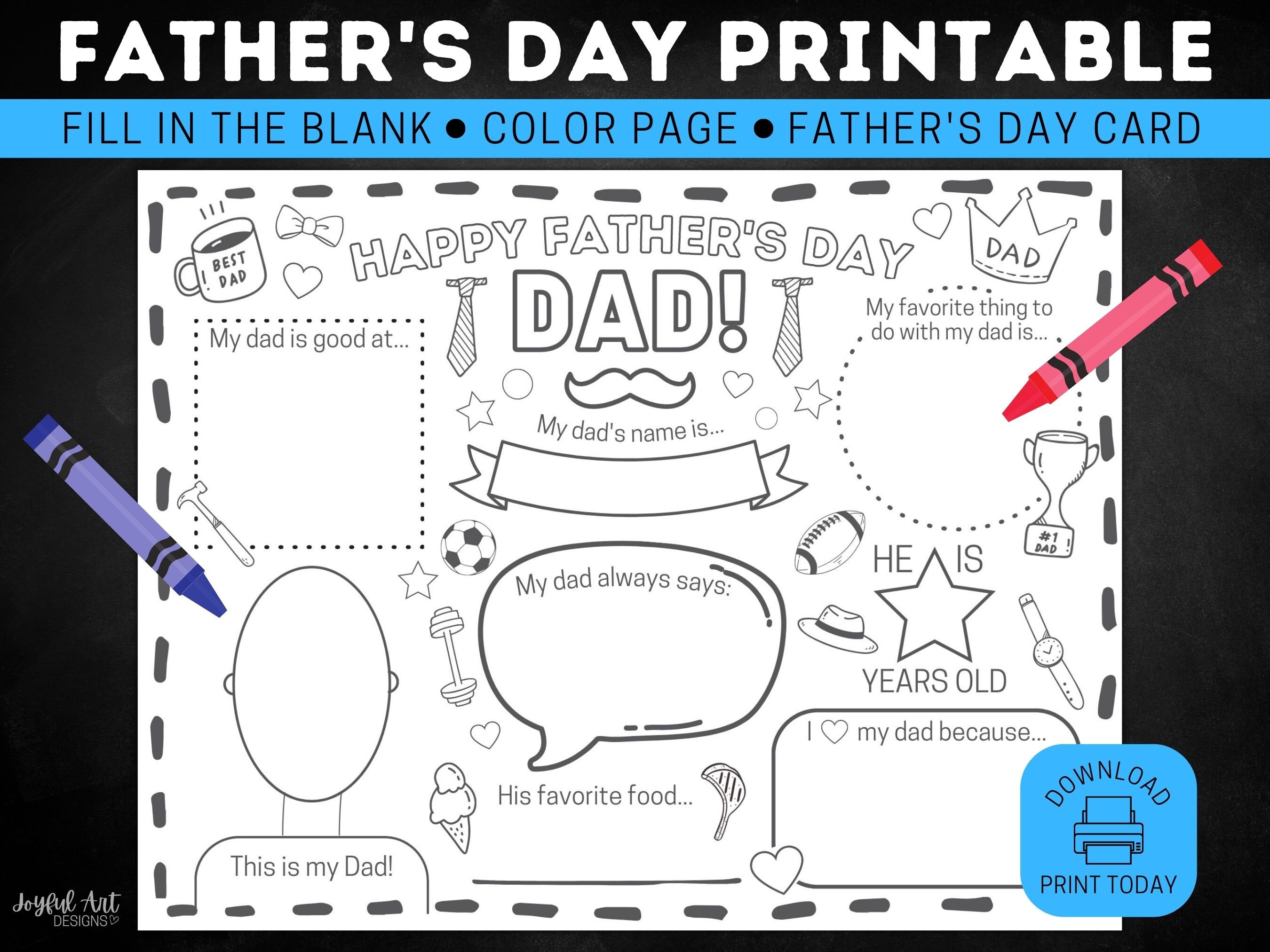 Fathers day card fill in the blanks all about dad printable dad coloring page kids activity for fathers day fathers day printable