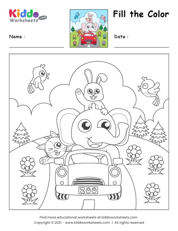 Free printable fill the color animals worksheet