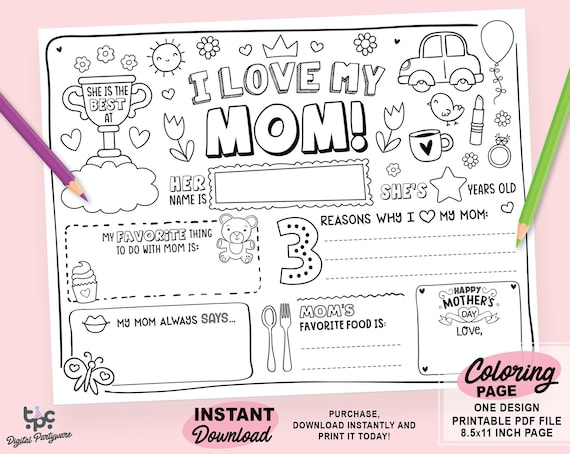 Mothers day printable coloring page printable all about mom fill in template mothers day gift mothers day card activity for kids