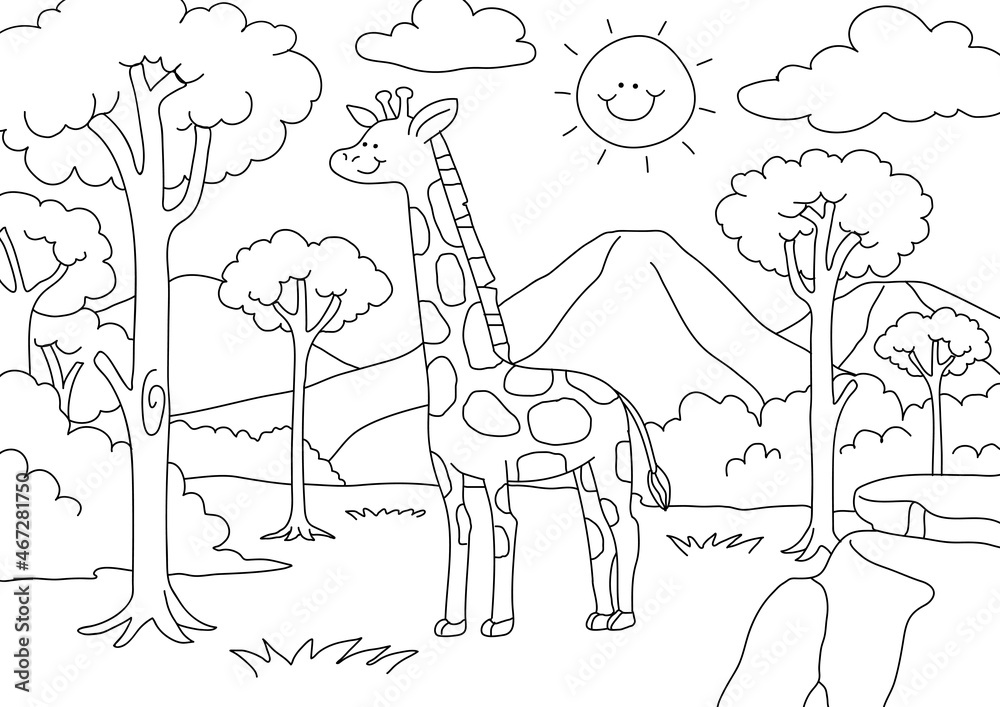 Giraffe kids coloring page vector blank printable design for children to fill in vector