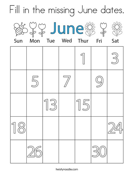 Fill in the missing june dates coloring page
