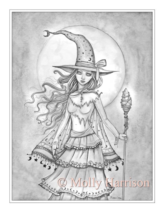 Fire opal witch grayscale coloring page molly harrison printable instant download halloween coloring pages