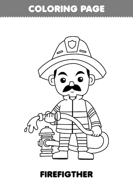 Premium vector education game for children coloring page of cute cartoon firefighter profession line art printable worksheet