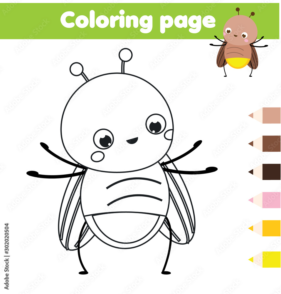 Coloring page with cartoon firefly drawing kids activity printable fun for toddlers and children vector