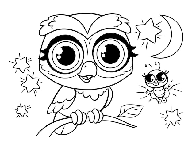 Premium vector owl and firefly beetle in a coloring book for children black and white contour of bird on a branch