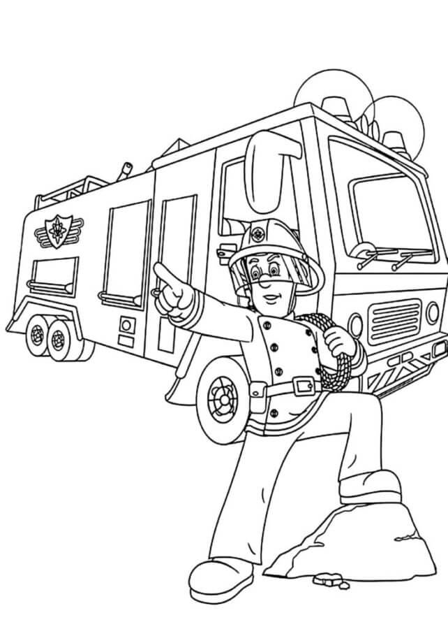 Fireman and his pany car coloring page
