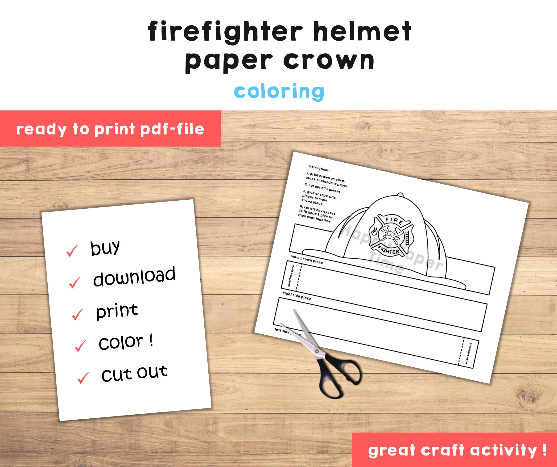 Firefighter helmet paper crown party coloring printable kids craft fireman costume birthday printable favor costume diy instant download