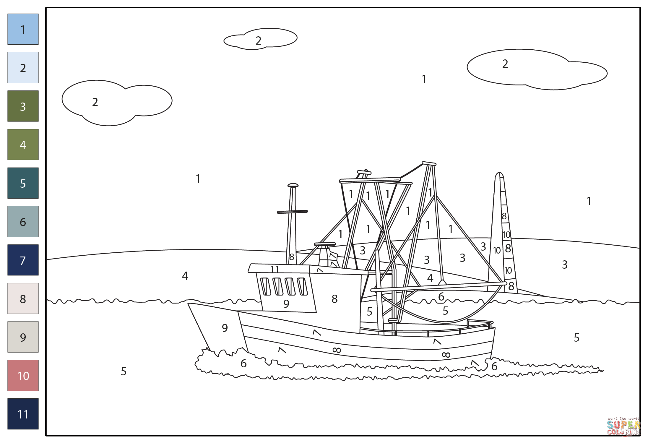 Fishing boat color by number coloring page free printable coloring pages