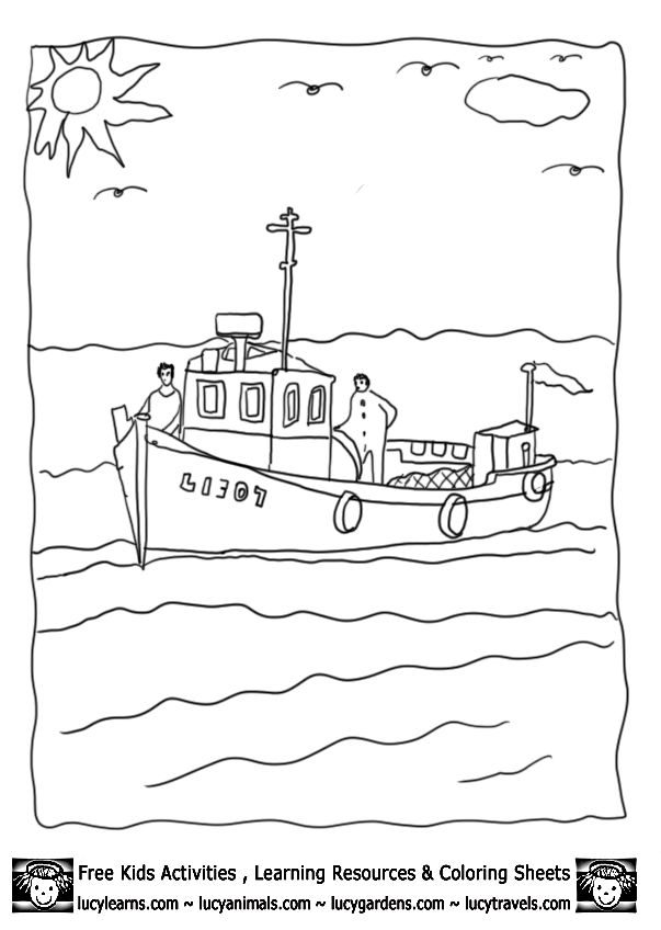 Fishing on boat coloring sheet lucy learns kids activities landscape art quilts picture quilts art quilts