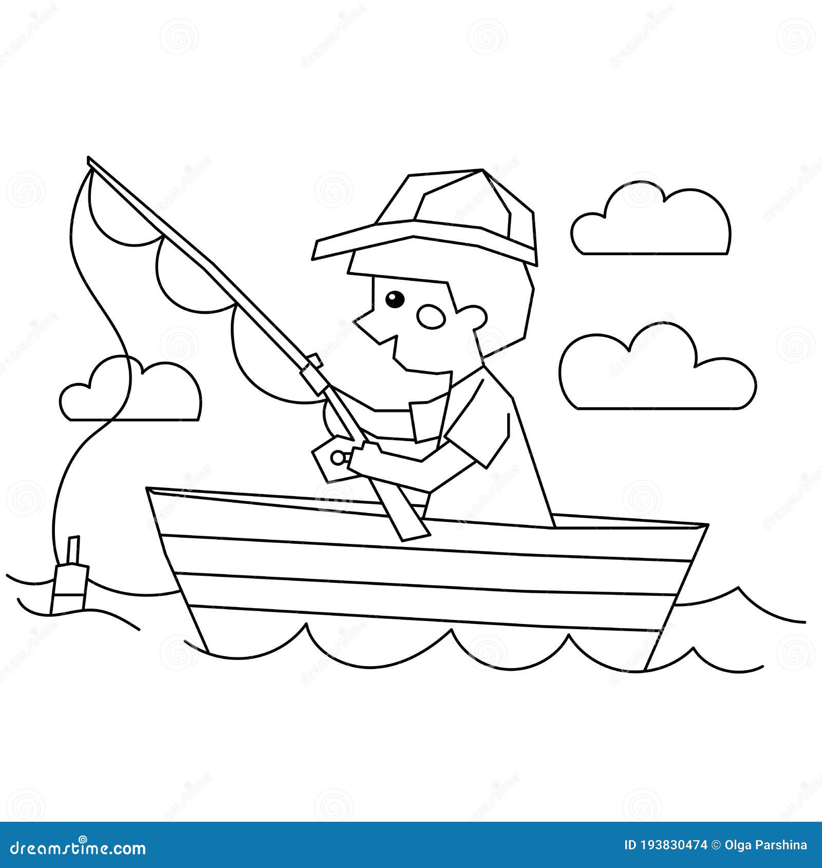 Coloring page outline of a boy fisherman with a fishing rod in boat coloring book for kids stock vector