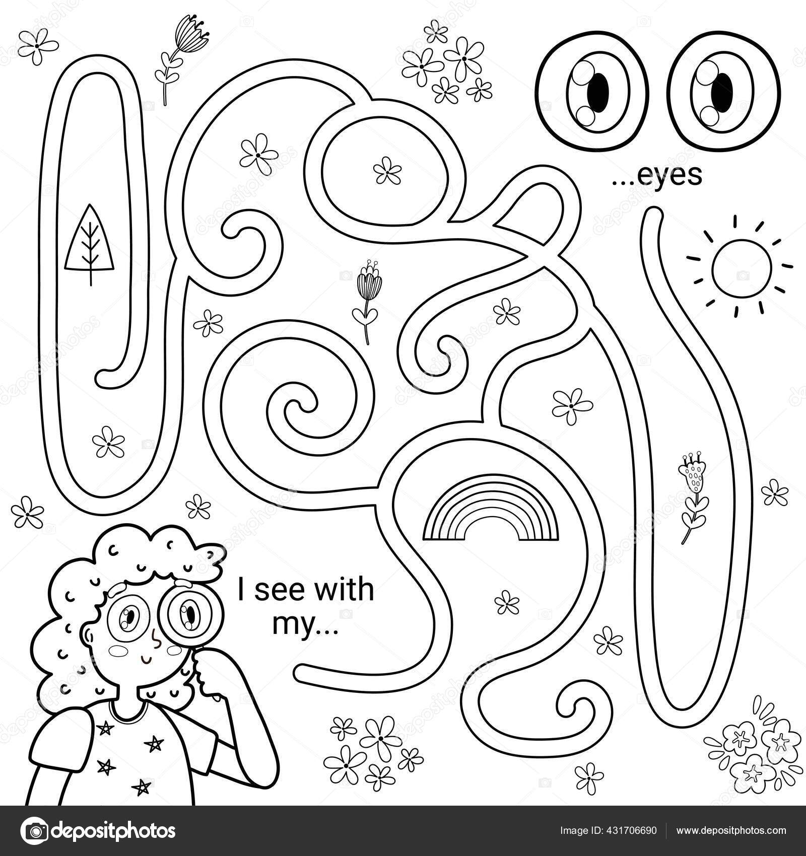 Five senses maze game for kids i can see with my eyes black and white labyrinth activity page stock vector by juliyas
