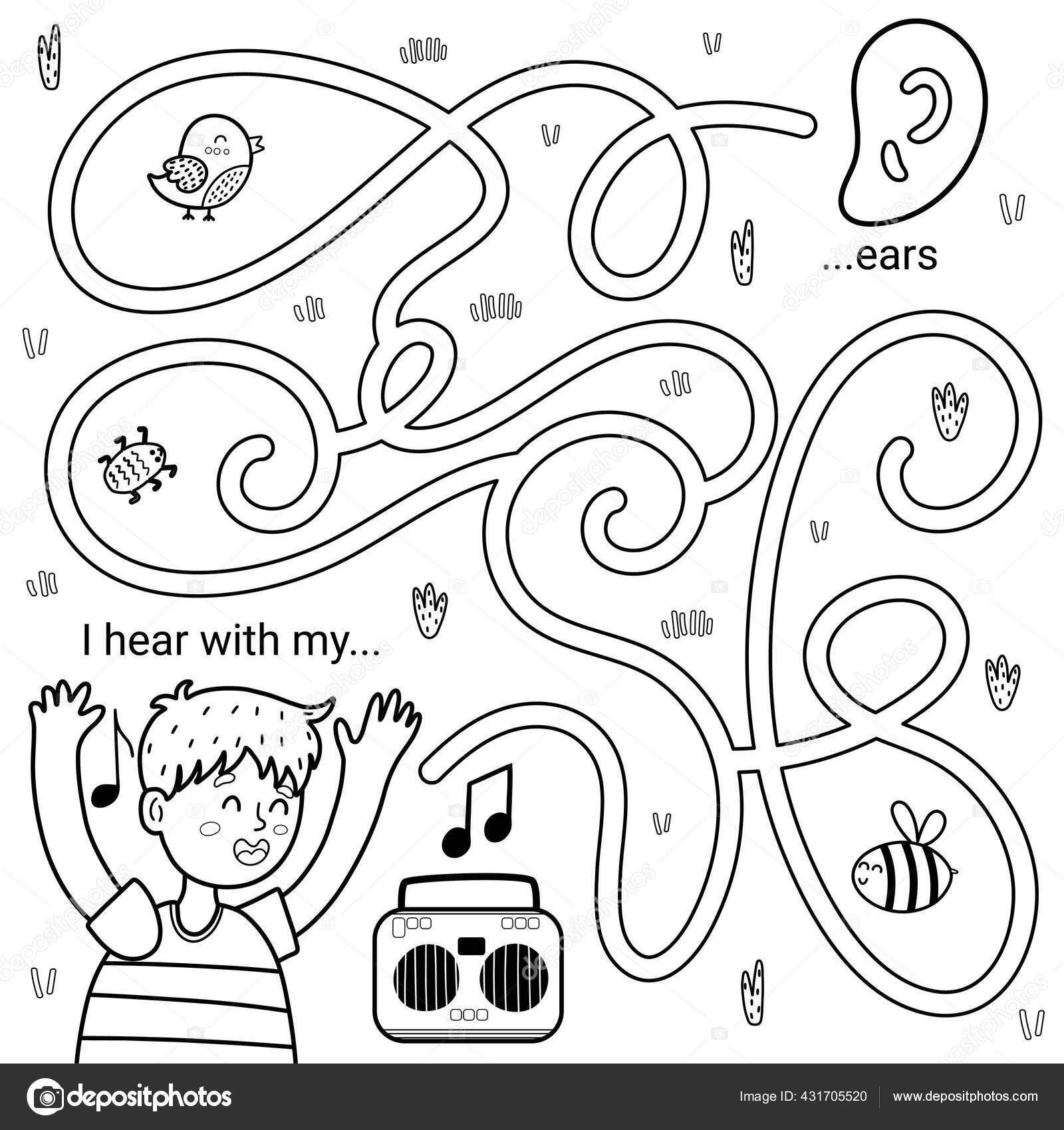 I can hear with my ears black and white maze game for kids five senses labyrinth stock vector by juliyas