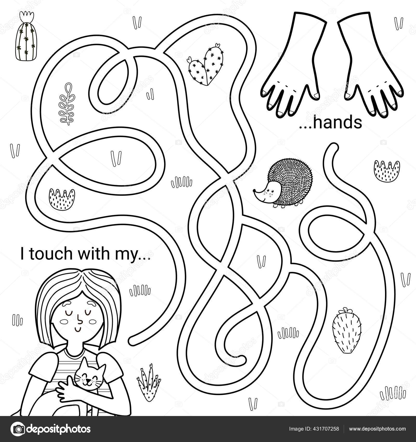 I touch with my hands black and white maze game for kids five senses labyrinth stock vector by juliyas
