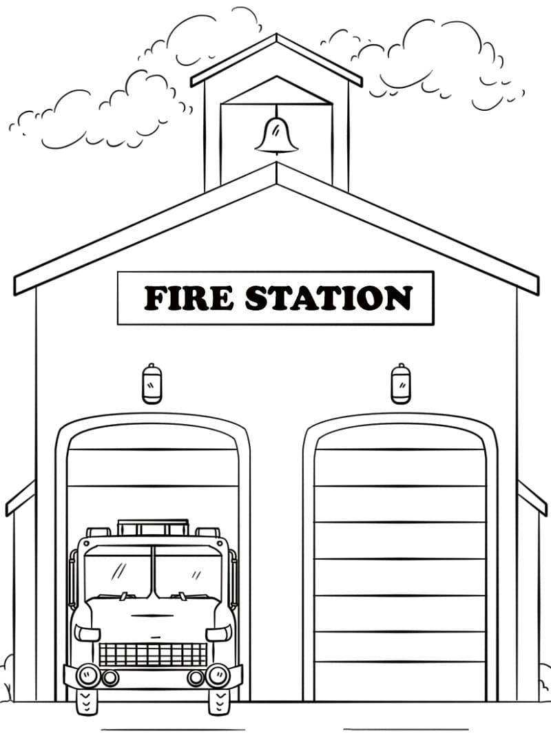 Fire truck at the fire station coloring page