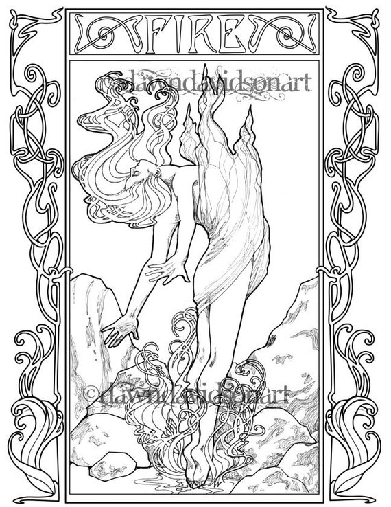 Spirit of fire adult coloring coloring page fantasy coloring line art art nouveau coloring page fairy coloring page printable