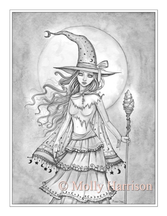 Fire opal witch grayscale coloring page molly harrison printable instant download halloween coloring pages