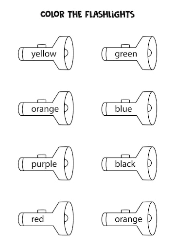 Premium vector read names of colors and color flashlights educational worksheet for kids